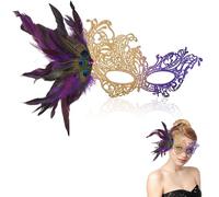 HZHSGLY Masquerade Mask, Masquerade Masks for Women Men Venetian Lace Elegant Feather Half Face Mask for Mardi Gra Halloween Party Dress Accessories (Gold and Purple)