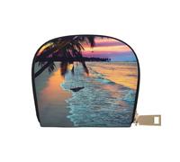 Hzhuaoeg Coconut Beach Sunset Hammock Leather Credit Card Holder Small Zipper Coin Pouch Business Card Case Wallet for Women Men