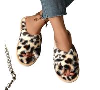 HZHYMBD Cotton slippers Women's Plush Cross Strap Slippers-leopard Print-38-39