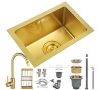 HZKSINNK 38x26cm Kitchen Sink, Brushed Gold Single Bowl Sinks, Stainless Steel Bar Kitchen Sinks, Undermount Or Above Counter Sink With Drain Filter