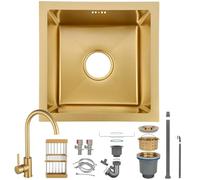 HZKSINNK 38x38cm Kitchen Sink, Brushed Gold Single Bowl Sinks, Stainless Steel Bar Kitchen Sinks, Undermount Or Above Counter Sink With Drain Filter
