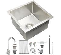HZKSINNK 38x38cm Stainless Steel Kitchen Sink, 1 Basin Silver Kitchen Sink, Small Built-In Sink with Faucet, Drain Grid, Drain Set, Undermount Sink, Rectangular, Undermount or Surface Mount