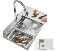 HZKSINNK 50cm Wide Large Stainless Steel Sink, Square Includes Soap Dispenser and Siphon, Built-in Sink with Tap Hole 1 Bowl, Worktop Built-in Sink with Siphon and Over and Drain(Silver-#A,80x50cm)