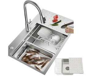 HZKSINNK 50cm Wide Large Stainless Steel Sink, Square Includes Soap Dispenser and Siphon, Built-in Sink with Tap Hole 1 Bowl, Worktop Built-in Sink with Siphon and Over and Drain(Silver-#A,80x50cm)
