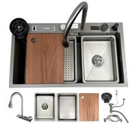 HZKSINNK 85 x 50 cm Kitchen Sink,1 Bath,Waterfall Stainless Steel Sink, Silver-gray Finish,Kitchen Sinks with Pull-Out Tap,Siphon,Soap Dispenser,Mobile Sink and Chopping Board(Gray#A01,75x45cm)