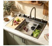 HZKSINNK 85 x 50 cm Kitchen Sink,1 Bath,Waterfall Stainless Steel Sink, Silver-gray Finish,Kitchen Sinks with Pull-Out Tap,Siphon,Soap Dispenser,Mobile Sink and Chopping Board(Silver#A02,80x50cm)