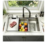 HZKSINNK 85 x 50 cm Kitchen Sink,1 Bath,Waterfall Stainless Steel Sink, Silver-gray Finish,Kitchen Sinks with Pull-Out Tap,Siphon,Soap Dispenser,Mobile Sink and Chopping Board(Silver#A01,90x50cm)
