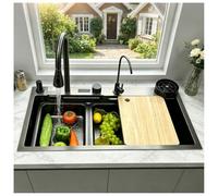 HZKSINNK 85 x 50 cm Kitchen Sink,1 Bath,Waterfall Stainless Steel Sink, Silver-gray Finish,Kitchen Sinks with Pull-Out Tap,Siphon,Soap Dispenser,Mobile Sink and Chopping Board(Black#A01,75x45cm)