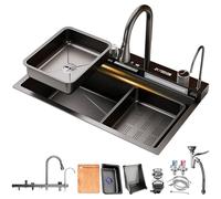 HZKSINNK 85 x 50 cm Kitchen Sink with Two Waterfalls, 1 Basin, Black, Multifunctional Stainless Steel Bar Sink, Nano Coated with Extendable Taps, Glass Washer and Drain Basket and Drain Set