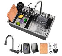 HZKSINNK Kitchen Sink, Black-grey finish Stainless Steel Waterfall Sink, Single Bowl Workstation Sink, Bar High-quality Sink with Pull-Out Faucet, Cutting Board, Siphon, & Drain Set(Black/#a2,70x50cm)