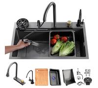 HZKSINNK Kitchen Sink, Black-grey finish Stainless Steel Waterfall Sink, Single Bowl Workstation Sink, Bar Sink with Pull-Out Faucet, Cutting Board, Siphon, & Drain Set(Black/#a1,65x50cm)