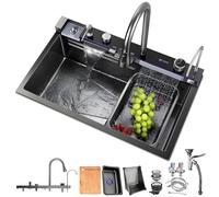 HZKSINNK Kitchen Sink with Two Waterfalls, 1 Basin, Black, Multifunctional Stainless Steel Bar Sink, Nano-Coated with Extendable Taps, Glass Rinser and Drain Baskets and Drain Set, Complete Accessory