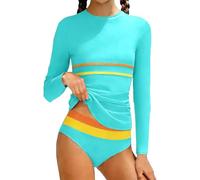 HZling Girls Rash Guard Swimsuit Long Sleeve Color Stripe Slim Top with Bikini Bottoms Bathing for Girls 7 16T (Mint Green, 15-16 Years)
