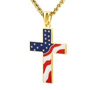 HZMAN American Flag Patriotic Cross Necklace for Men Women Stainless Steel Pendant Necklace Jewelry Gift (Gold)