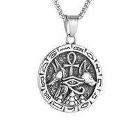 HZMAN Ancient Egyptian Symbol Necklace for Men Women Stainless Steel Retro Eye of Horus Pyramid Coptic Ankh Cross Anubis Round Pendant Necklace