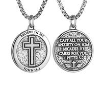 HZMAN Bible Verse Necklace for Men Stainless Steel Inspirational Verse Cross Round Pendant Jewelry Gift (Silver)