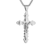 HZMAN Crucifix Cross Necklace for Men Stainless Steel Retro Inspiring The Lord's Prayer Cross Pendant Christian Faith Jewelry Gift, Stainless Steel, No Gemstone