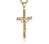 HZMAN Crucifix Cross Necklace for Men Women Stainless Steel Retro Jesus Cross Pendant Baptism Christian Jewelry Gift (Gold)
