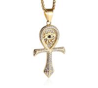 HZMAN Cubic Zirconia Eye of Horus Necklace for Men Women Stainless Steel Retro Egypt Coptic Ankh Cross Necklace Pendant Jewelry Gift (Gold)