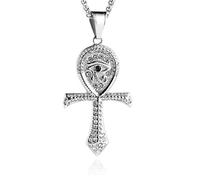 HZMAN Cubic Zirconia Eye of Horus Necklace for Men Women Stainless Steel Retro Egypt Coptic Ankh Cross Necklace Pendant Jewelry Gift (Silver)