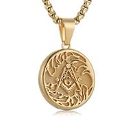 HZMAN Freemasonry Symbol Round Medal Pendant Necklace - Gold/Silver Stainless Steel Masonic Jewelry Gift for Men & Women, Stainless Steel, No Gemstone