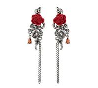 HZMAN Gothic Snake Rose Tassel Stud Earrings for Women, Brass Dangle Earrings with Red Velvet Rose & Orange Cubic Zirconia, Dark Romantic Edgy Jewelry Gift