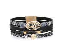 HZMAN Handmade Tree of Life Leather Wrap Bracelets for Women Boho Multilayer Cuff Bangle Gold Peace Sign World Peace Bracelet, 7.5In, Leather, Cubic Zirconia
