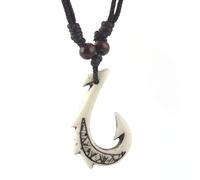 HZMAN Hawaiian White Fish Hook Pendant Hemp Cord Chain - Maori Tribal Necklace Jewelry Gift