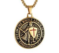 HZMAN Knights Templar Put On The Whole Armor of God Ephesians 6:13-17 Red Cross Design Stainless Steel Necklace for Men Jewelry Gift (Gold)