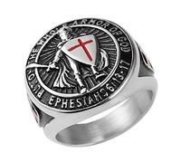 HZMAN Knights Templar Ring for Men Ephesians 6:13-17 Red Cross Design Men's Stainless Steel Ring Jewelry Gift (Silver,10)