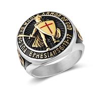 HZMAN Knights Templar Ring for Men Ephesians 6:13-17 Red Cross Design Men's Stainless Steel Ring Jewelry Gift (Silver Gold,10)