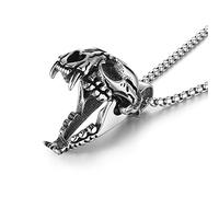 HZMAN Men's Punk Pendant Necklace Gothic Stainless Steel Openable Sabertooth Tiger Skull Jewelry (Silver)