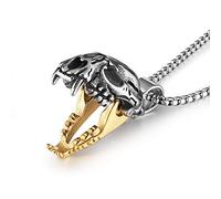 HZMAN Men's Punk Pendant Necklace, Gothic Stainless Steel Openable Sabertooth Tiger Skull Jewelry (Silver Gold)