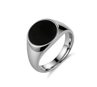 HZMAN Minimalist Vintage Signet Ring, Polished Silver Tone Stainless Steel with Black Enamel Oval Face, Classic Gentleman Ring for Office & Street Style Size 6-13, Metal, No Gemstone