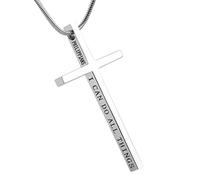 HZMAN Philippians 4:13 Cross Necklace for Men Women Inspiring Bible Verse Stainless Steel Cross Pendant Necklace Jewelry Gift (Silver)