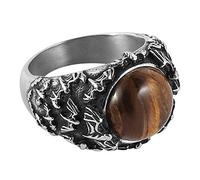 HZMAN Polished Natural Tiger Eye Stones Bat Ring for Men Women Stainless Steel Ring Wicca, Reiki, and Energy Crystal Healing Jewelry, Stainless Steel,Gemstone,Metal