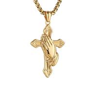 HZMAN Praying Hand Cross Necklace for Men Stainless Steel Retro Small Prayer Hands Pendant Christian Jewelry Gift, Stainless Steel, No Gemstone