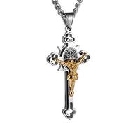 HZMAN Saint Benedict Cross Necklace for Men Stainless Steel INRI Crucifix Cross Pendant Necklace Jewelry Gift (Large Silver Gold)