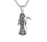 HZMAN Santa Muerte Necklace for Men Gothic Stainless Steel Reaper Saint Death Sickle Skull Pendant