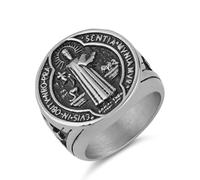 HZMAN St. Benedict Ring for Men Stainless Steel Vintage Catholic Religious Medal Ring Christian Jewelry Size 7-13, Metal, No Gemstone
