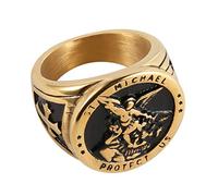 HZMAN St. Michael San Miguel The Great Protector Archangel Defeating Satan Figurine Stainless Steel Amulet Ring