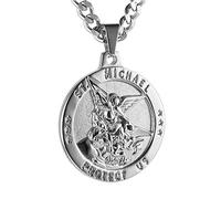 HZMAN St Michael The Archangel Catholic Medal Stainless Steel Amulet Pendant Necklace 22+2" Curb Chain (Silver-1)