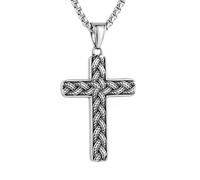 HZMAN Stainless Steel Celtic Knot Cross Necklace for Men, Vintage Irish Viking Woven Pattern Pendant, 22+2 Inch Link Chain, Christian Religious Faith Jewelry