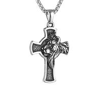 HZMAN Stainless Steel Cross Necklace for Men Women Retro Religious Lion Head Cross Hip Hop Pendant Jewelry Gift with 22+2in Chain (Silver)