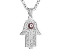 HZMAN Stainless Steel Hands of Fatima Necklace Solomon Hexagram Talisman Necklace with Blue Evil Eye, Stainless Steel, No Gemstone