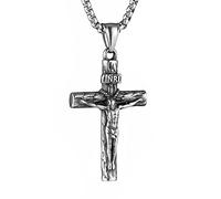 HZMAN Stainless Steel Jesus Crucifix Cross Necklace Religious INRI Cross Pendant for Men Women with 24" Chain Jewelry Gift (Silver)