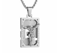 HZMAN Stainless Steel Jesus Crucifix Dog Tag Necklace for Men, Lord's Prayer Engraved Pendant, Christian Religious Faith Jewelry, One Size, Metal, No Gemstone
