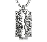 HZMAN Stainless Steel Razor Blade Necklace for Men, 3 Styles Vintage Double-Sided Carved Pendant Necklace, Stainless Steel, No Gemstone