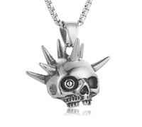 HZMAN Stainless Steel Spiked Skull Pendant Necklace, 22 Inch Adjustable Chain for Men & Women, 3D Punk Gothic Edgy Rock Jewelry Gift