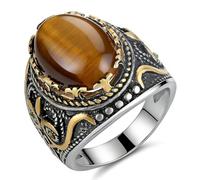 HZMAN Tiger's Eye Ring for Men Stainless Steel Vintage Two Tone Oval Tiger Eye Stone Ring Turkish Style Religious Jewelry Size 7-13, Metal, Tiger Eye
